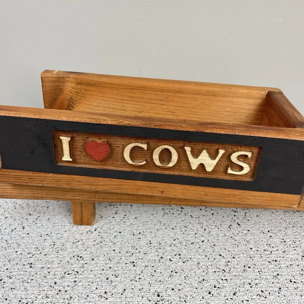 Vintage Handmade Wooden‎ Wheelbarrow I LOVE COWS Heart Trinket Shelf Accent